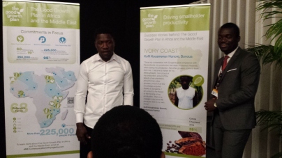 Cocoa farmer Koffi Kouamenan Honore shares his story with the room